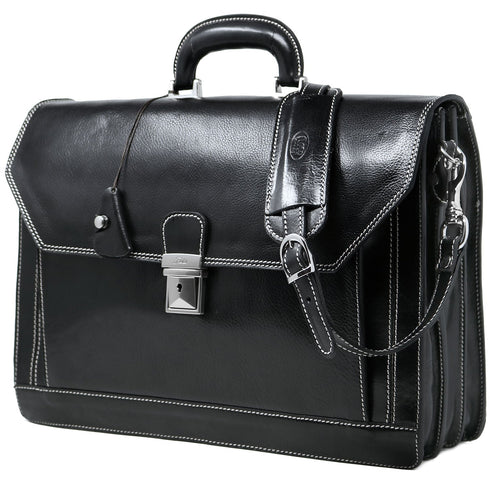 The Floto Venezia Brief 3 gusset leather briefcase is a men's attache bag that is handcrafted in Italy.  This is the Venezia Brief  in Black.